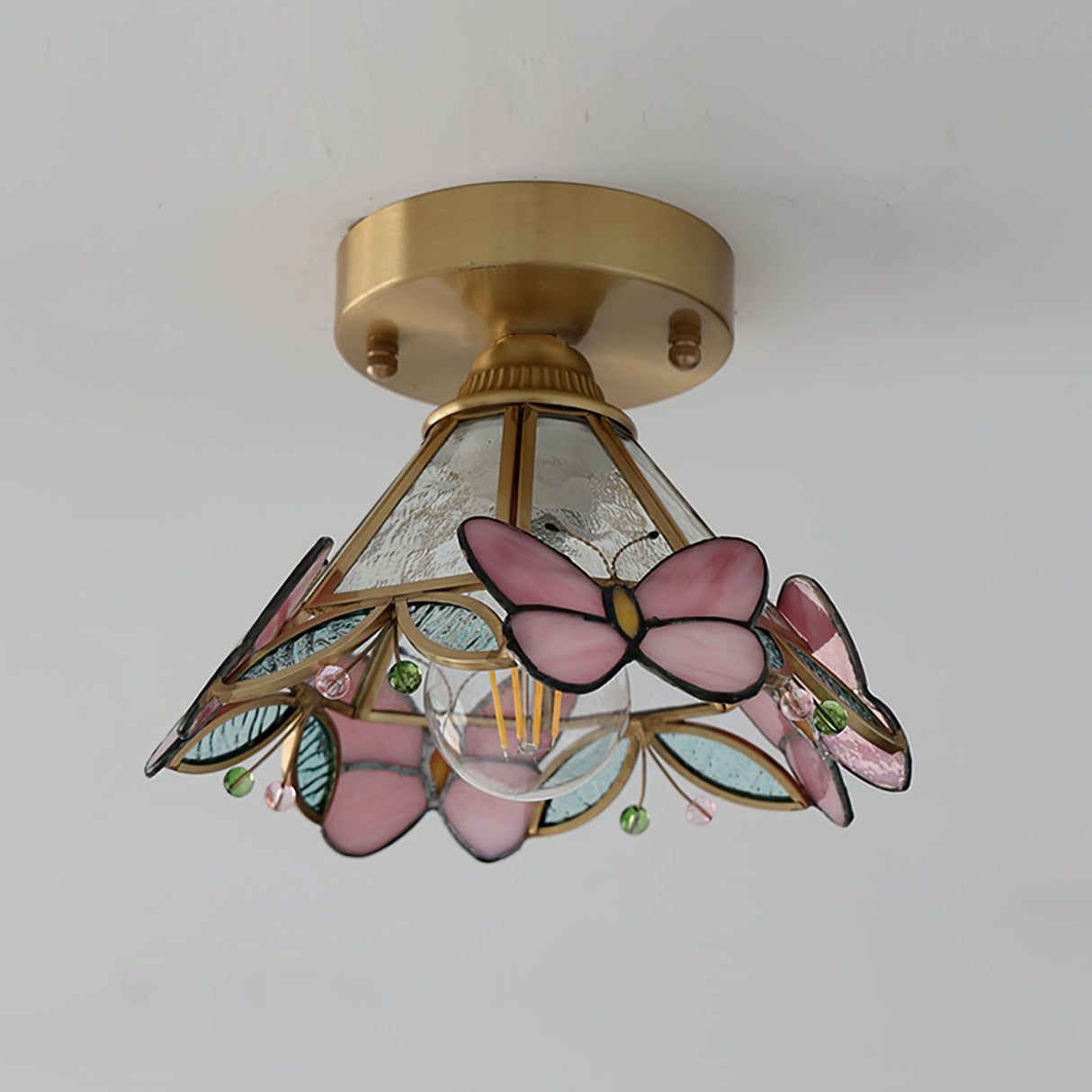 Butterfly Ceiling Light  Stained Glass Pink Floral Design - Detailed view