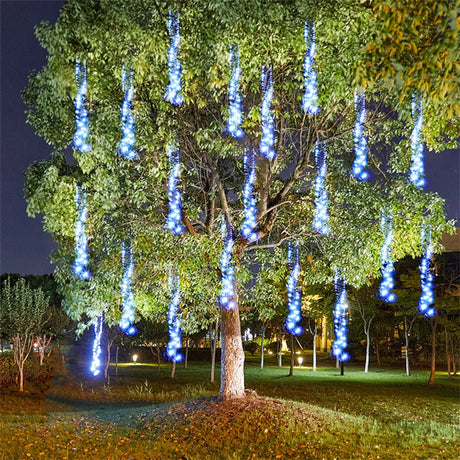 LED Meteor Shower Lights  Cascading Blue Tree Decoration - Product showcase