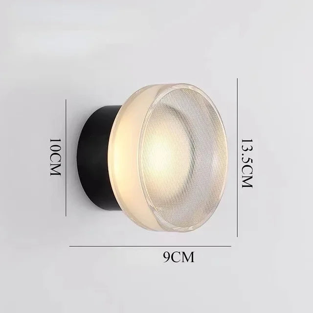 Round Wall Sconce Light  Ribbed Glass Warm LED Fixture - Detailed view