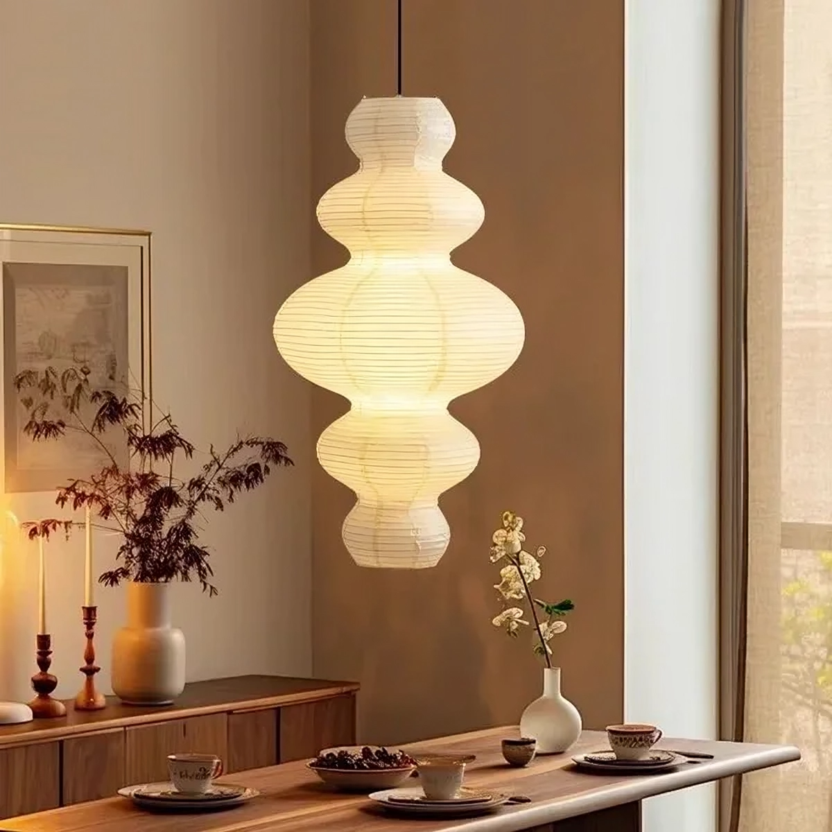 Japanese Rice Paper Pendant Light  Sculptural Layered Design - Product showcase