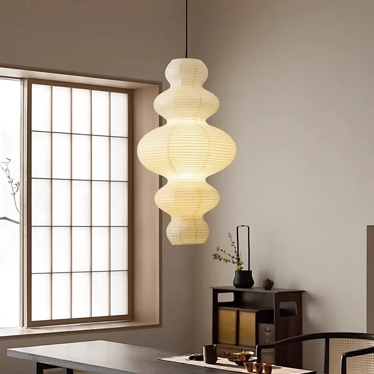 Japanese Rice Paper Pendant Light  Sculptural Layered Design - Detailed view