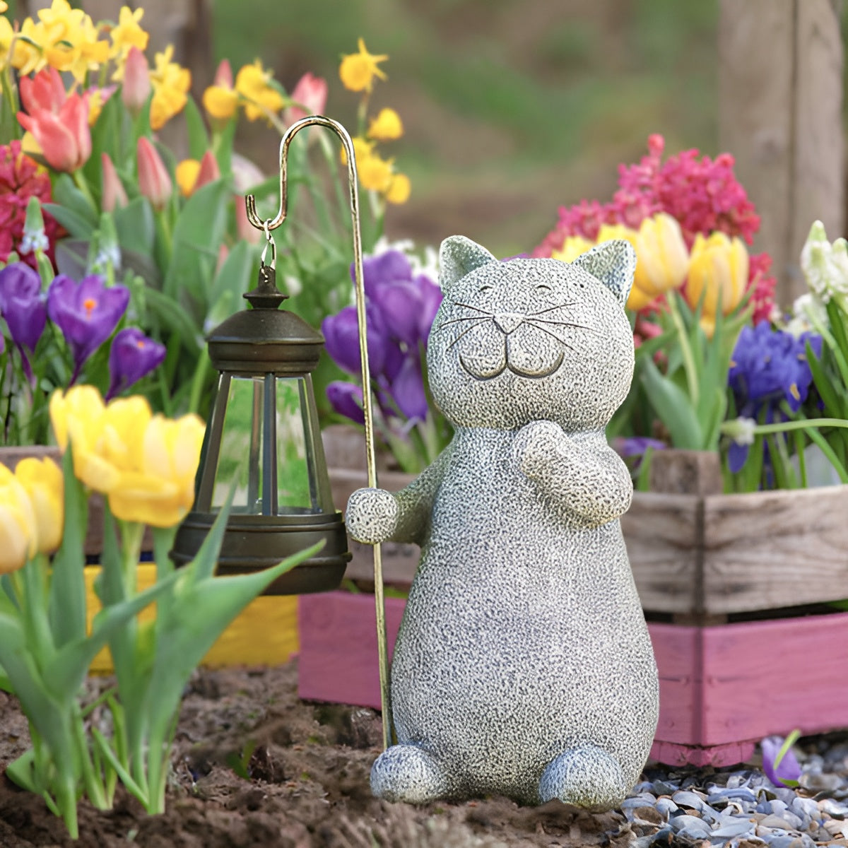 Solar Cat Garden Statue  Hand-Painted Stone Finish Outdoor Decor - Product example