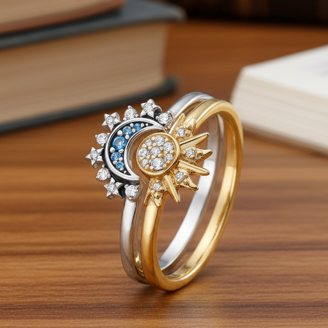 Moon Sun Ring  Sterling Silver Crystal Celestial Design - Product showcase