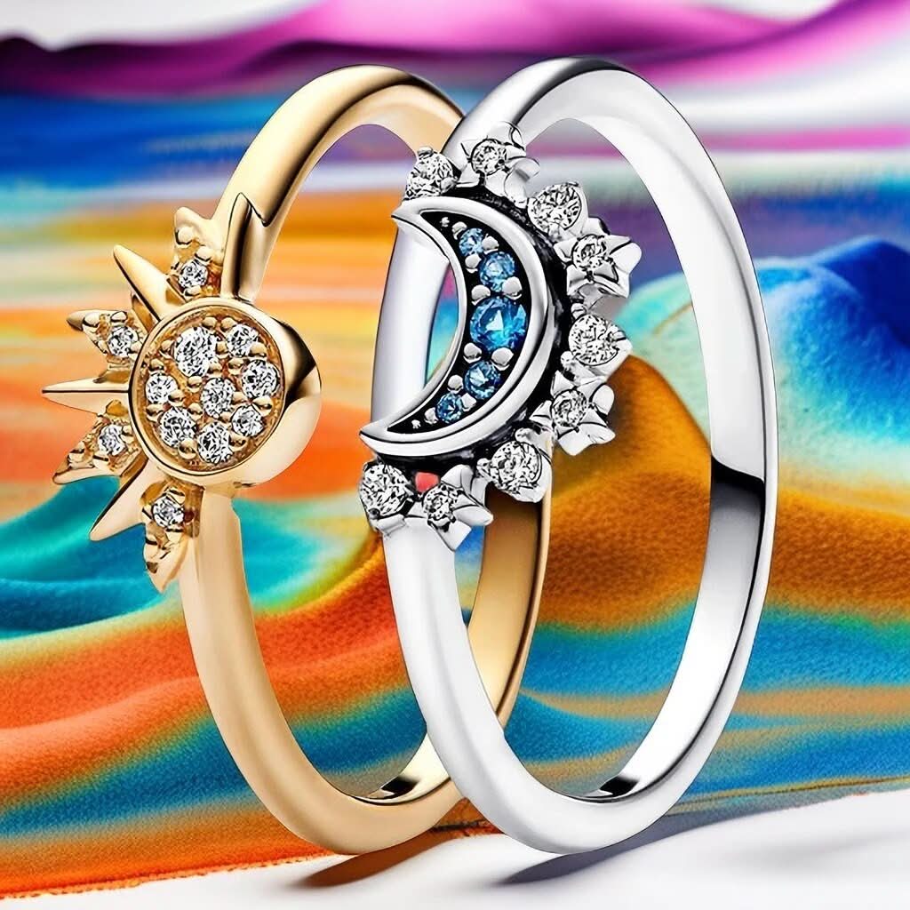 Moon Sun Ring  Sterling Silver Crystal Celestial Design - Product example