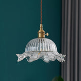 Vintage Glass Pendant Light  Ribbed Dome Brass Fixture - Product showcase