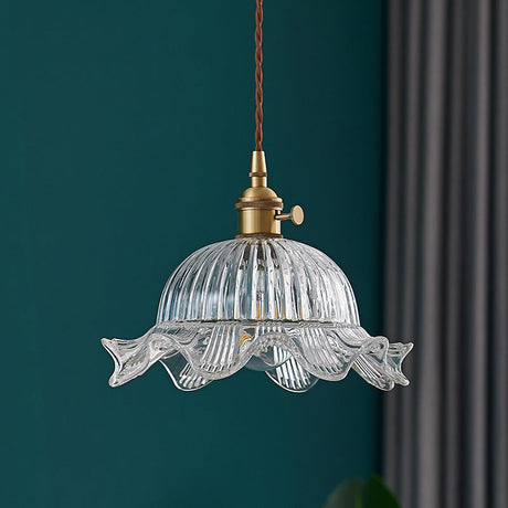 Vintage Glass Pendant Light  Ribbed Dome Brass Fixture - Product showcase