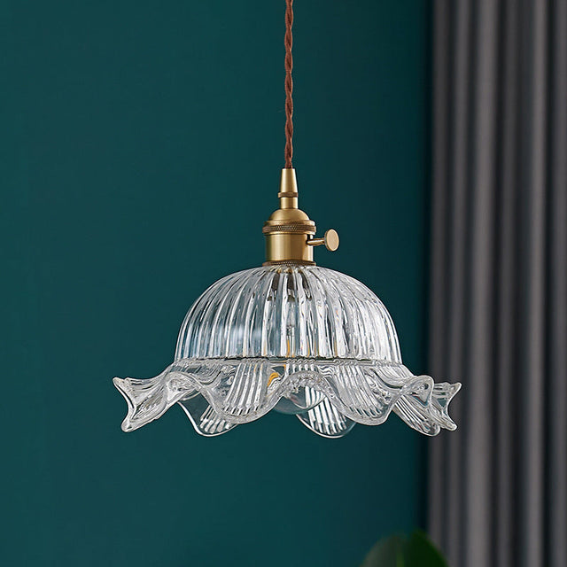Vintage Glass Pendant Light  Ribbed Dome Brass Fixture - Product showcase