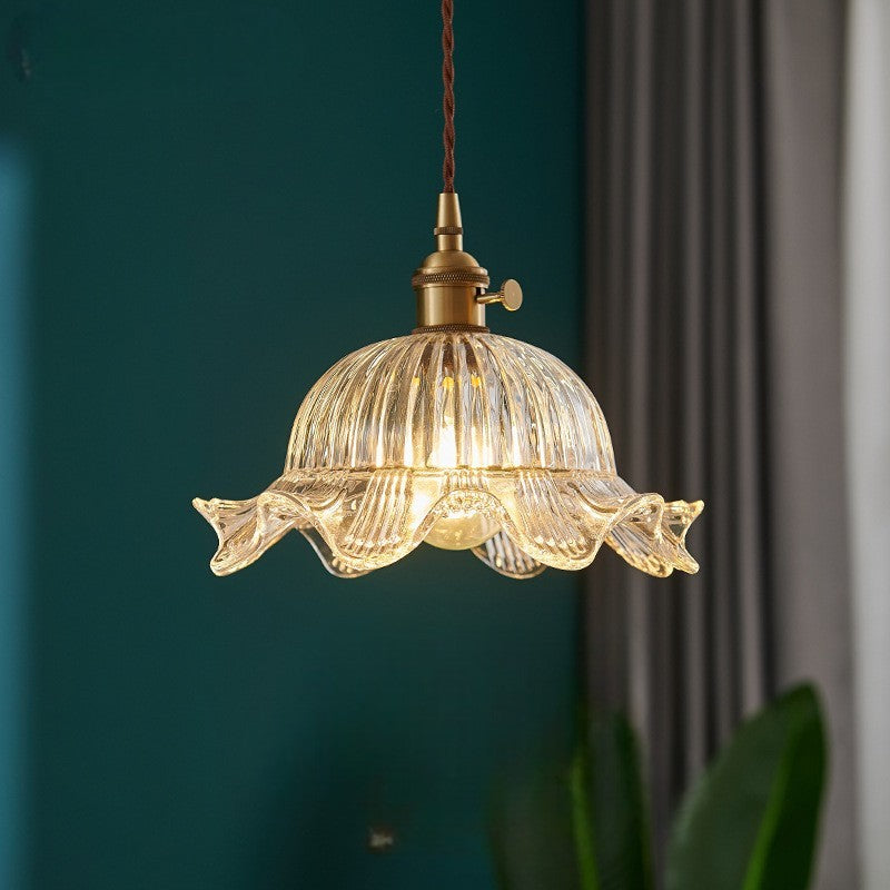 Vintage Glass Pendant Light  Ribbed Dome Brass Fixture - Detailed view