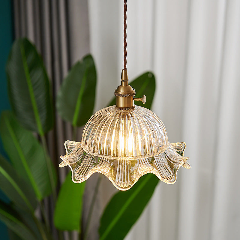 Vintage Glass Pendant Light  Ribbed Dome Brass Fixture - Product example