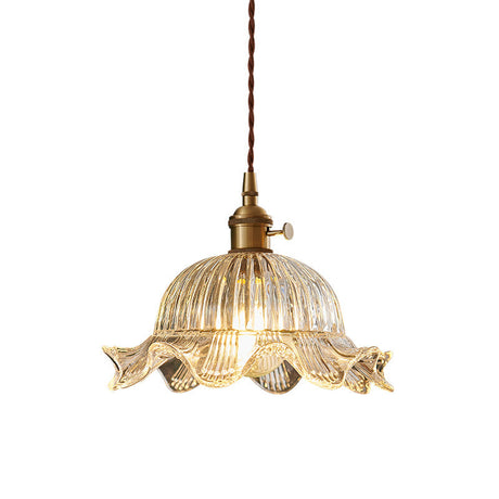 Vintage Glass Pendant Light  Ribbed Dome Brass Fixture - Product detail 4