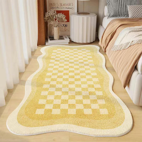 Checkerboard Bedside Rug  Soft Yellow Faux Cashmere Scalloped Edge - Product showcase