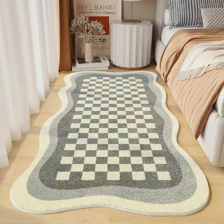 Checkerboard Bedside Rug  Soft Yellow Faux Cashmere Scalloped Edge - Product example