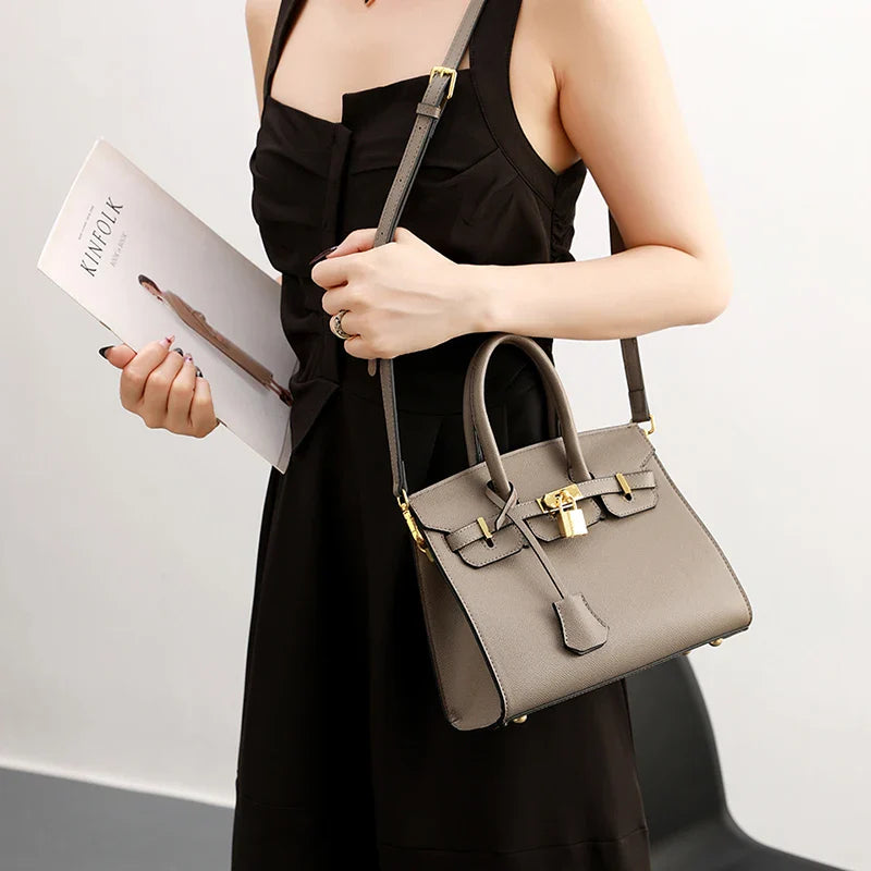 Classic Leather Handbag  Structured Design With Gold Hardware - Product showcase
