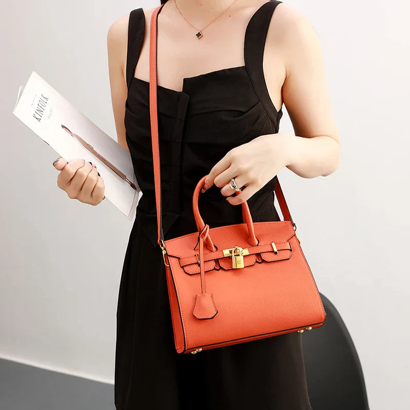 Classic Leather Handbag  Structured Design With Gold Hardware - Detailed view