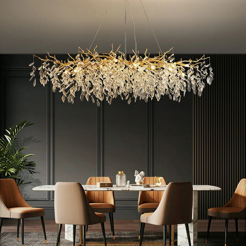 Crystal Chandelier  Gold Branch Design With Glass Drops - Detailed view