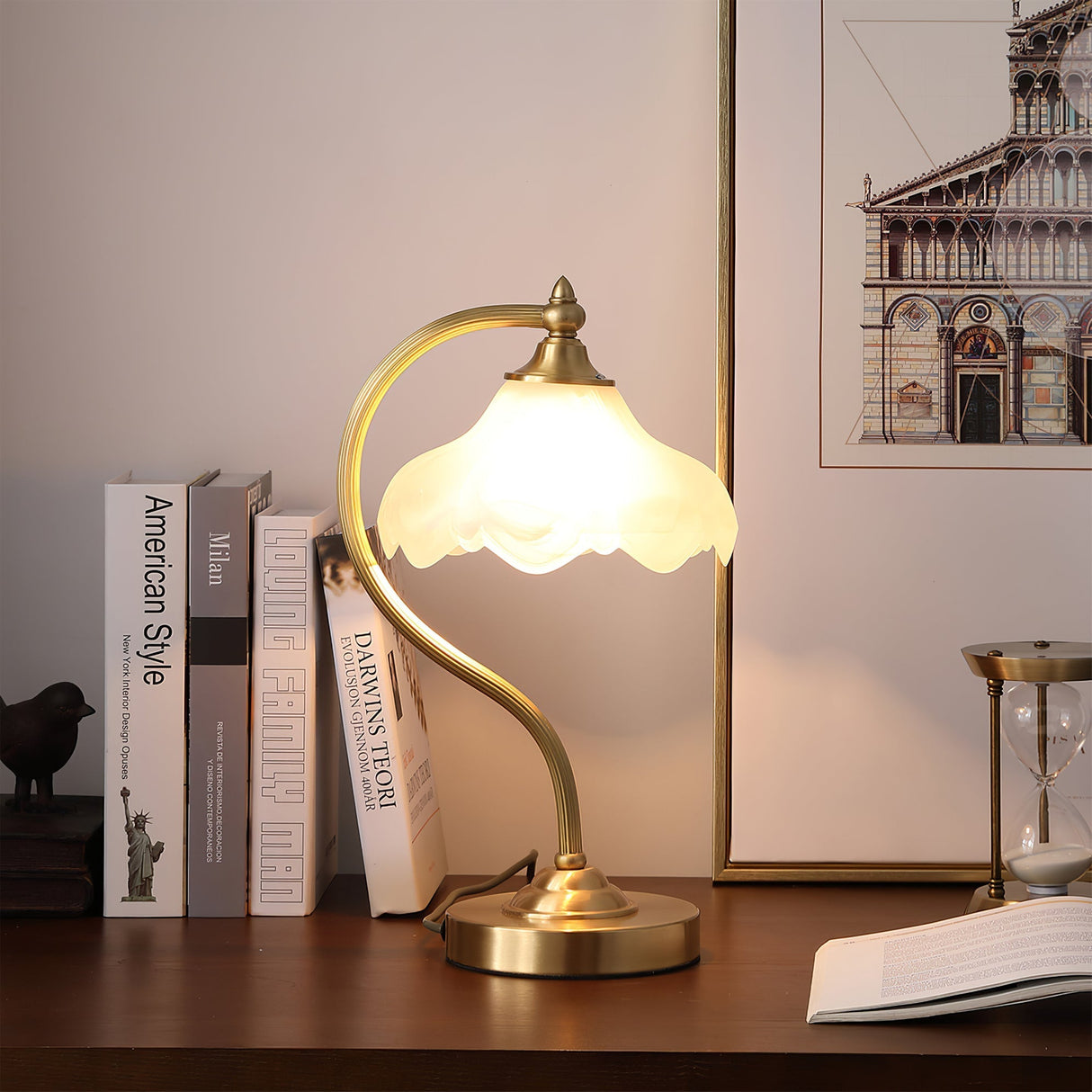 Vintage Table Lamp  Magnolia Glass Shade with Brass Stand - Product example