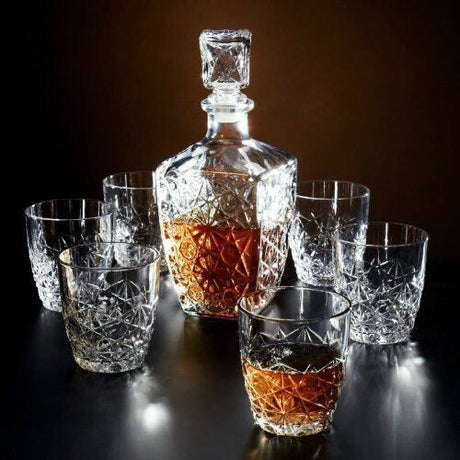 Crystal Whiskey Decanter Set  Diamond Cut Glass 7-Piece - Product showcase