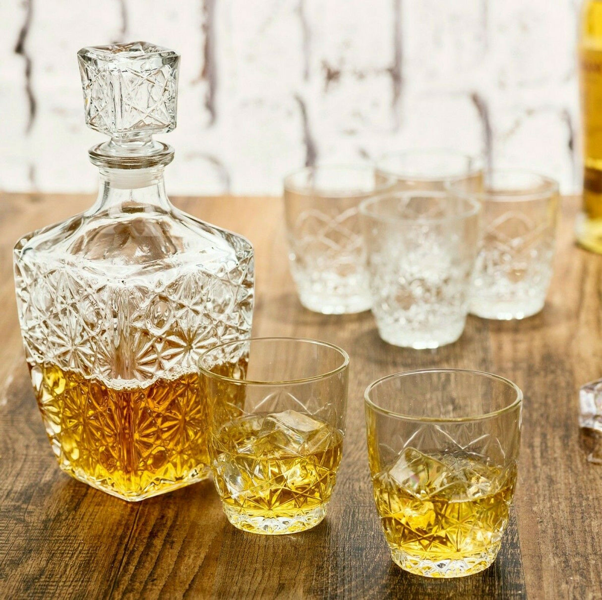 Crystal Whiskey Decanter Set  Diamond Cut Glass 7-Piece - Detailed view
