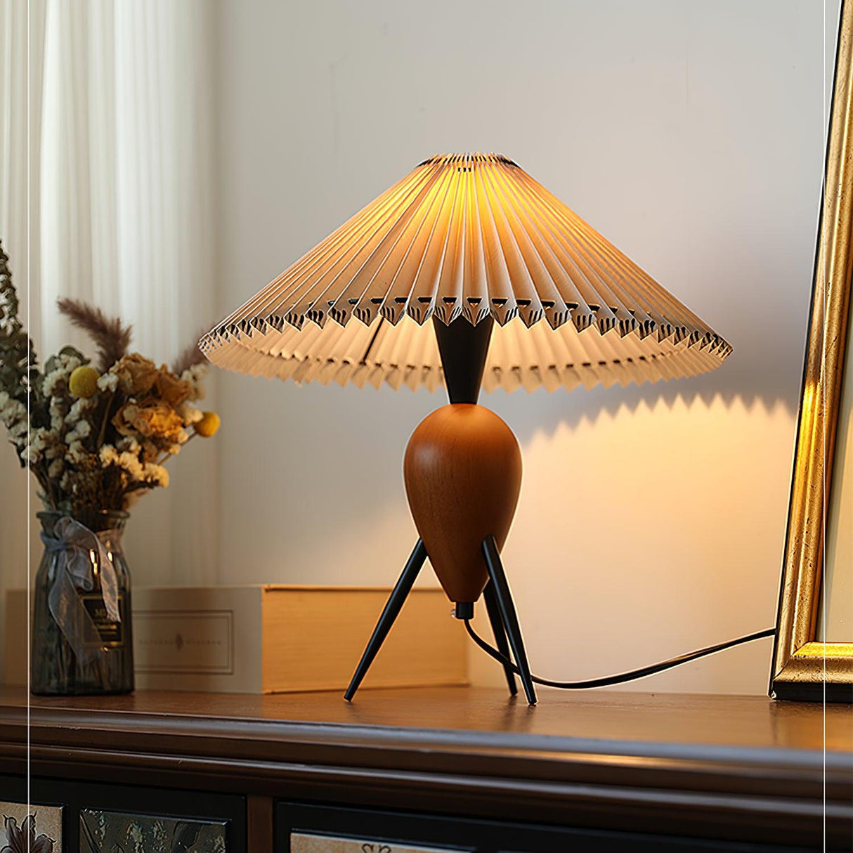 Modern Table Lamp  Pleated Shade Walnut Tripod Base - Product detail 8