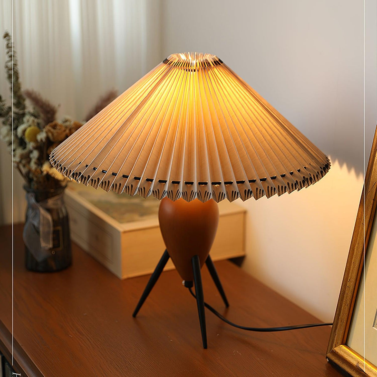 Modern Table Lamp  Pleated Shade Walnut Tripod Base - Product detail 14
