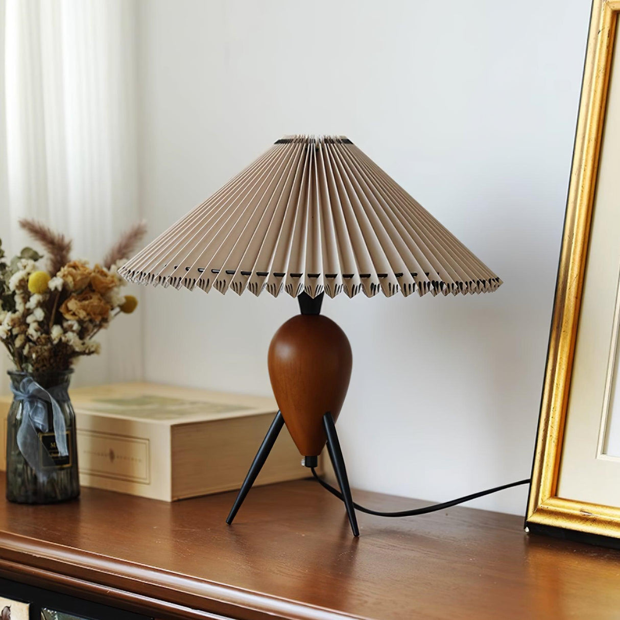 Modern Table Lamp  Pleated Shade Walnut Tripod Base - Product detail 11