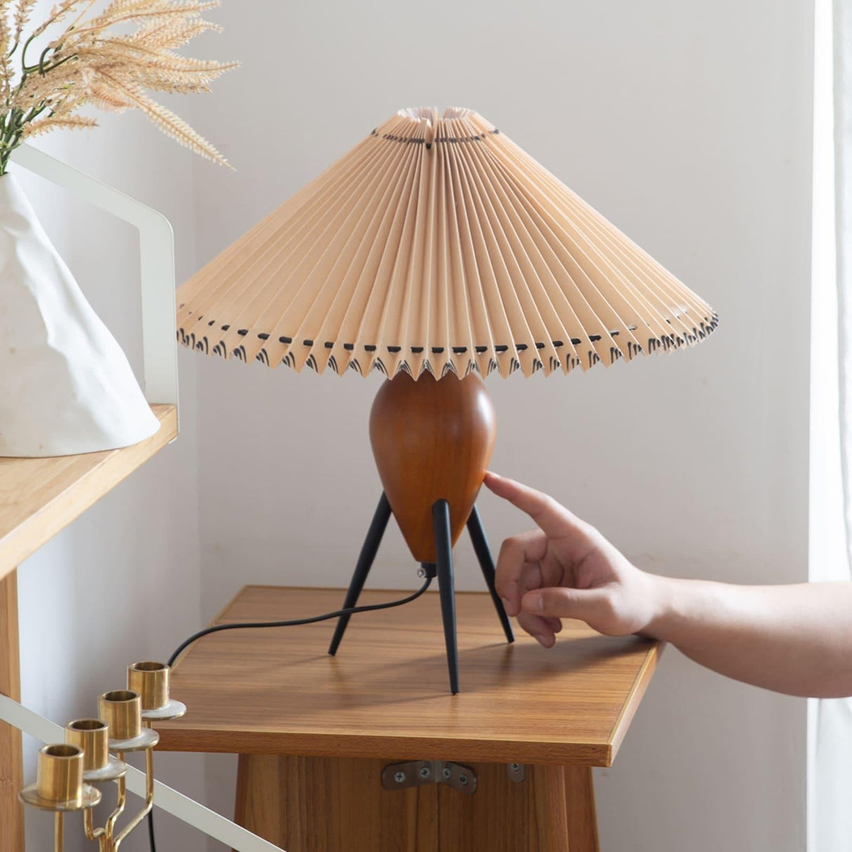Modern Table Lamp  Pleated Shade Walnut Tripod Base - Product example