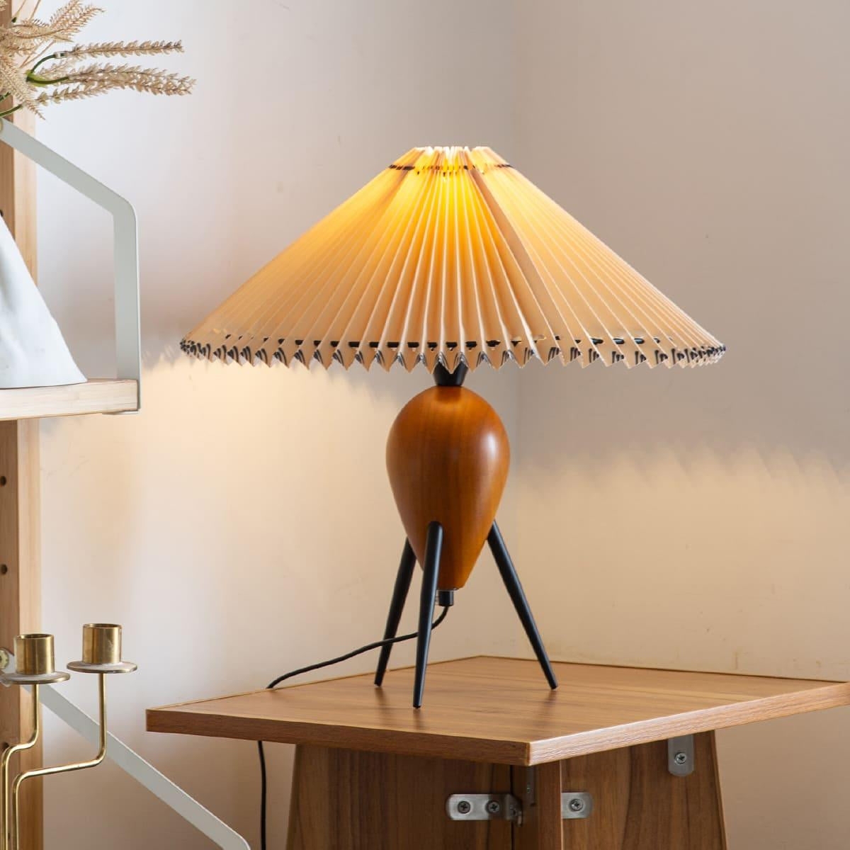 Modern Table Lamp  Pleated Shade Walnut Tripod Base - Detailed view
