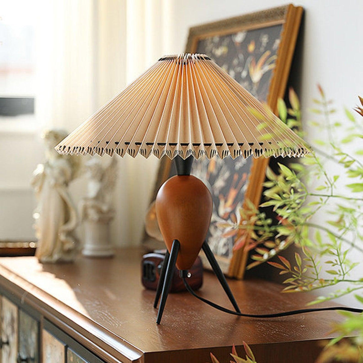 Modern Table Lamp  Pleated Shade Walnut Tripod Base - Product detail 5