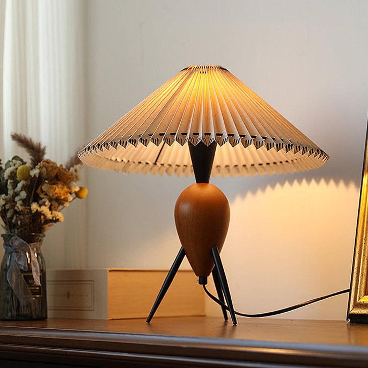 Modern Table Lamp  Pleated Shade Walnut Tripod Base - Product detail 9