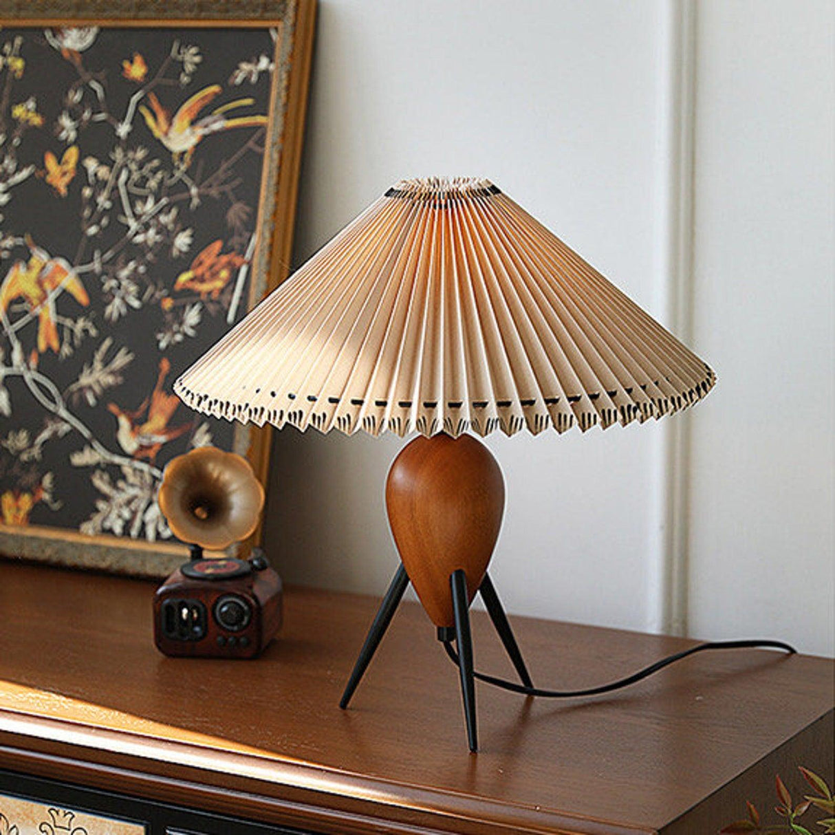 Modern Table Lamp  Pleated Shade Walnut Tripod Base - Product detail 6