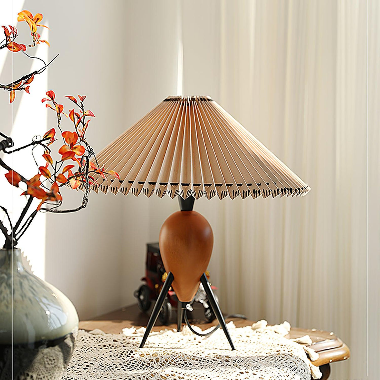 Modern Table Lamp  Pleated Shade Walnut Tripod Base - Product detail 4