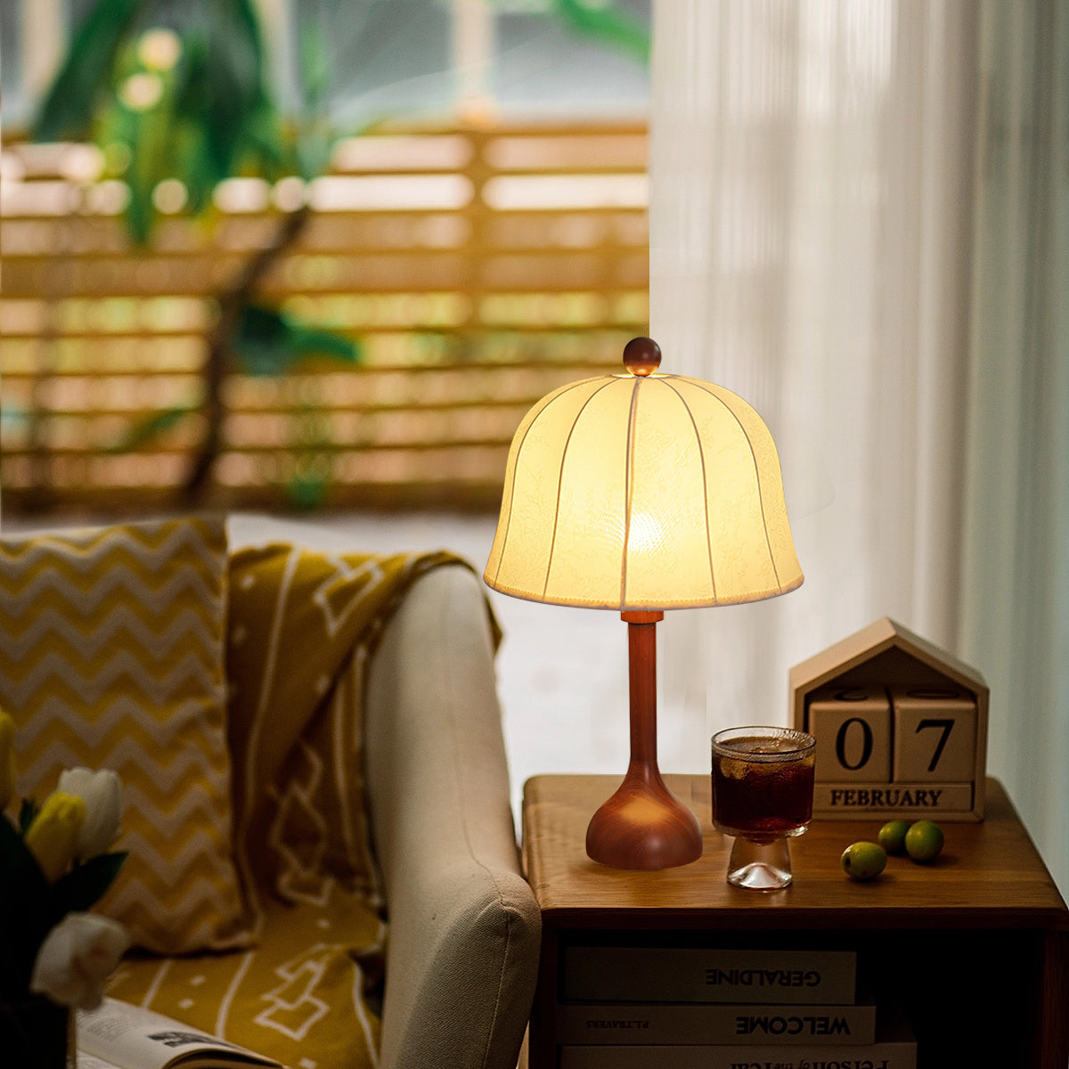 Scandinavian Table Lamp  Walnut Wood Base with Floral Shade - Product detail 6
