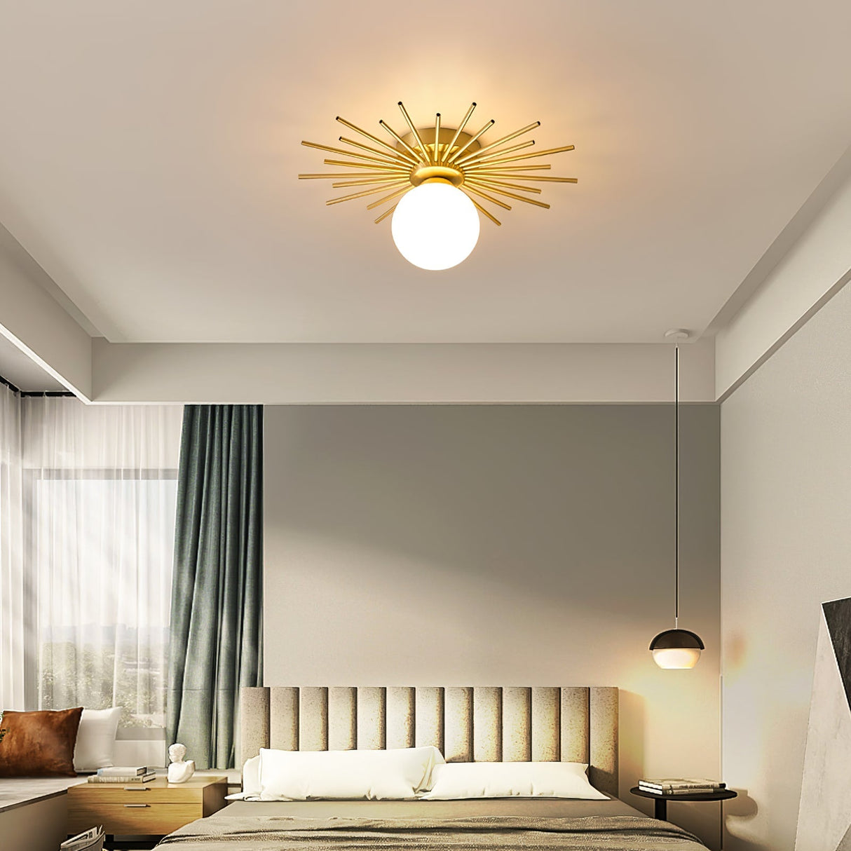Modern Sunburst Ceiling Light  Brass Rays Glass Globe Design - Product detail 7
