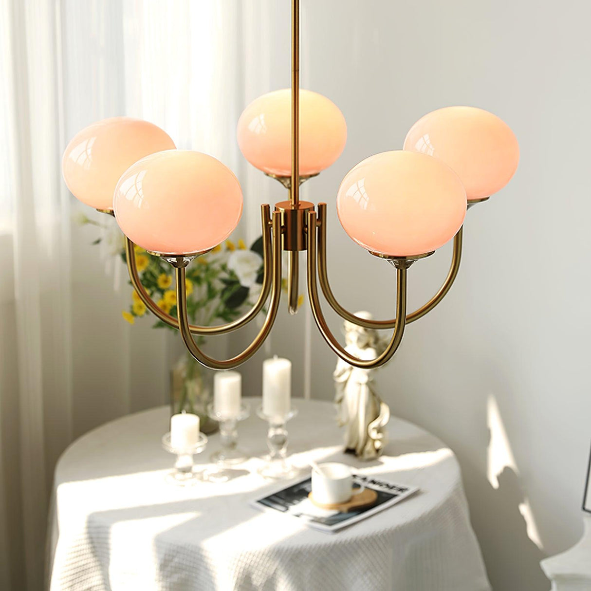 Modern Glass Chandelier  Pink Globe Brass Finish - Product detail 4