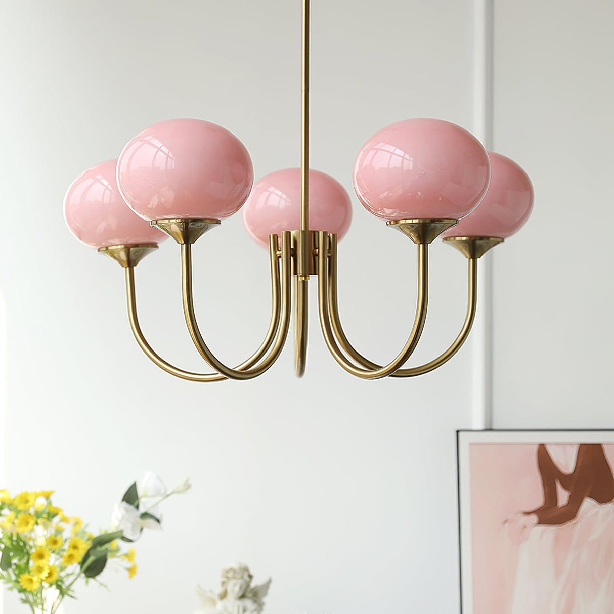 Modern Glass Chandelier  Pink Globe Brass Finish - Product detail 10