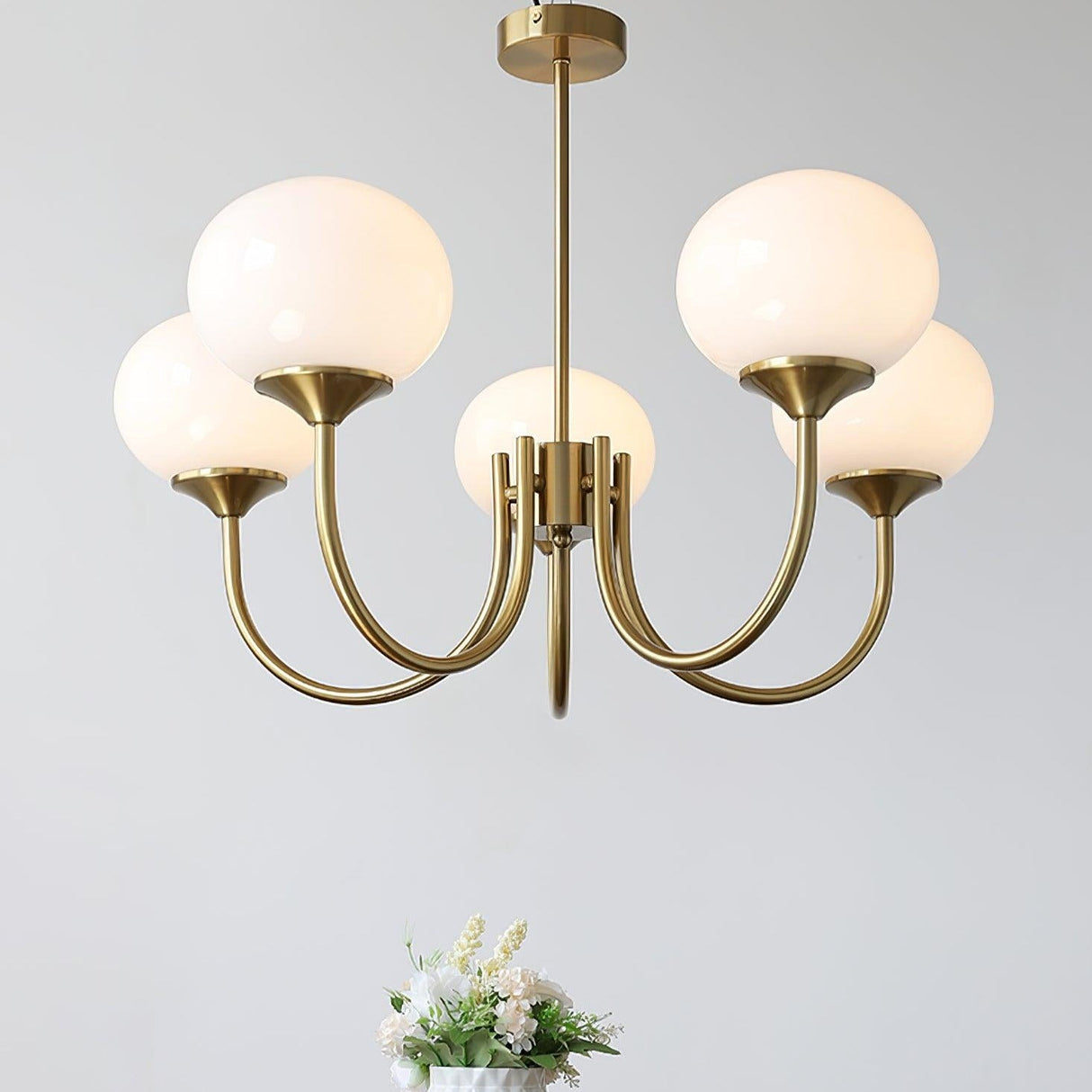 Modern Globe Chandelier  Pink Glass with Brass Arms - Product example