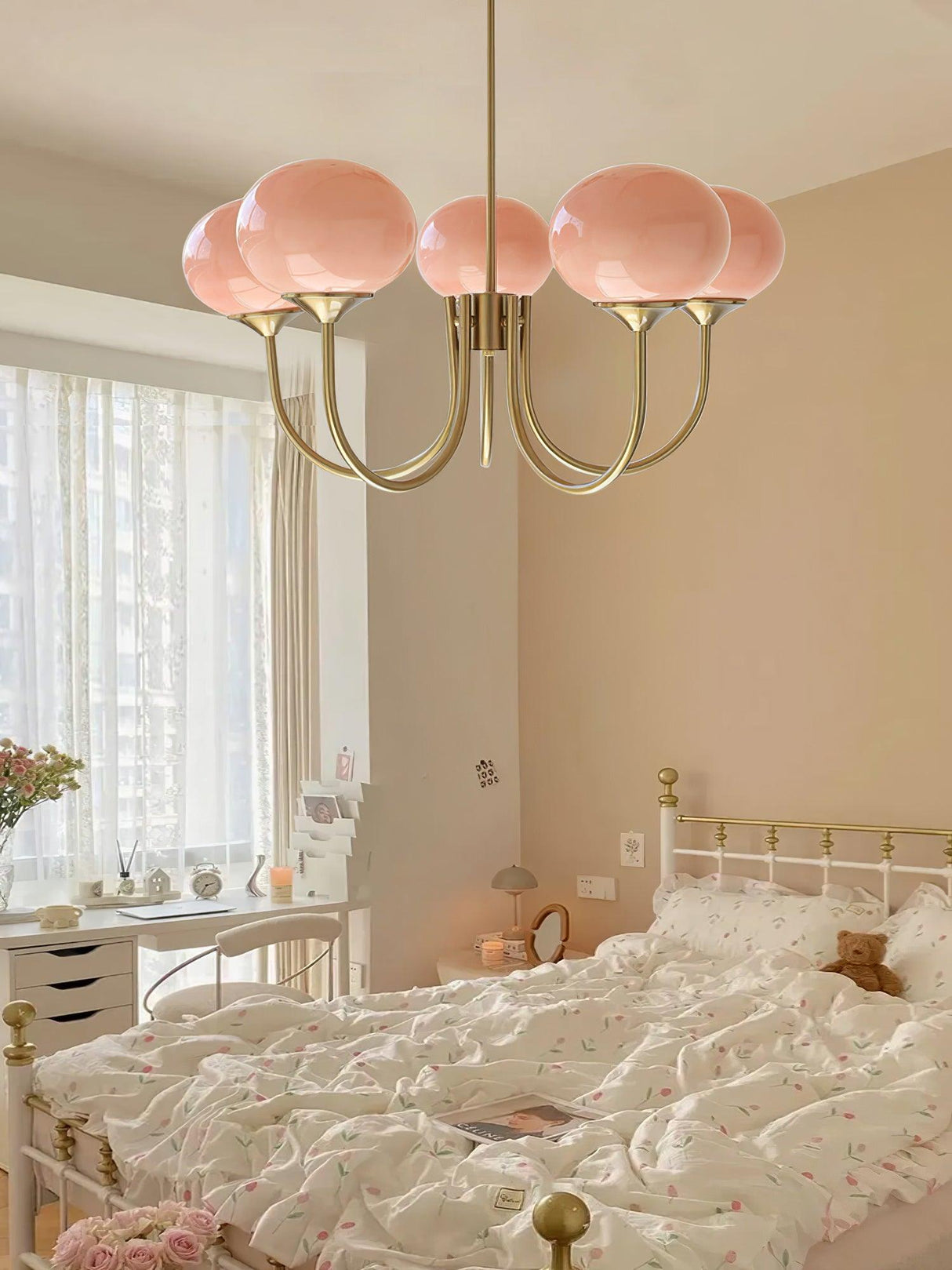 Modern Glass Chandelier  Pink Globe Brass Finish - Product detail 35