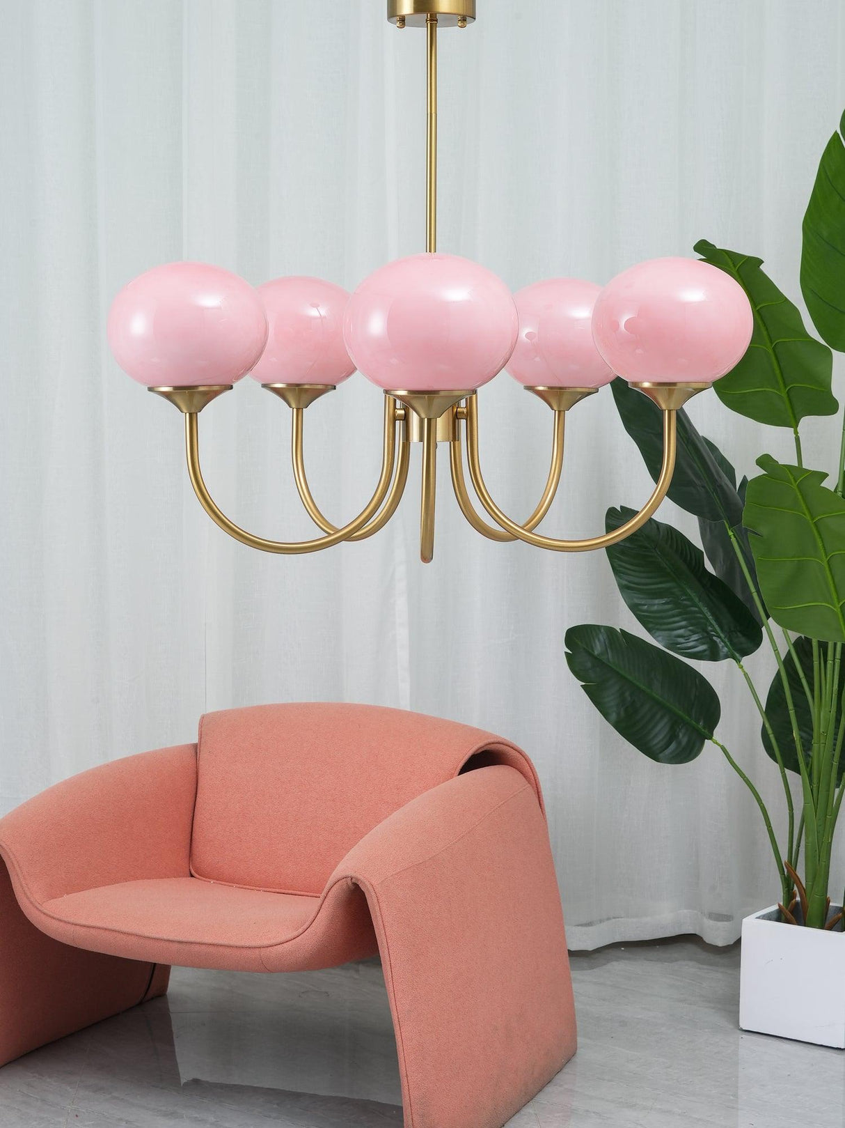 Modern Glass Chandelier  Pink Globe Brass Finish - Product detail 11