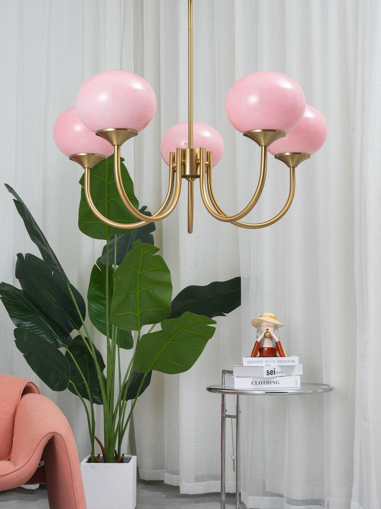 Modern Glass Chandelier  Pink Globe Brass Finish - Product detail 14