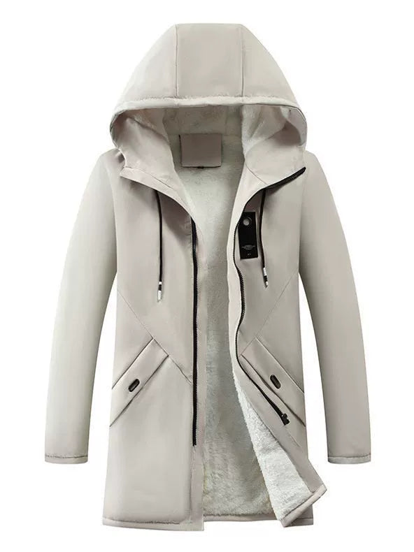 Winter Hooded Jacket  Fleece Lined Windproof Mid-Length Coat - Product showcase