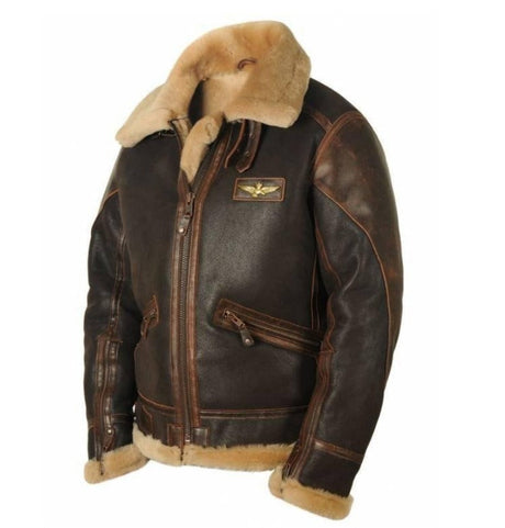 Aviator Leather Jacket  Shearling Collar Brown Bomber - Product showcase