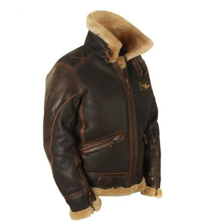 Aviator Leather Jacket  Shearling Collar Brown Bomber - Detailed view