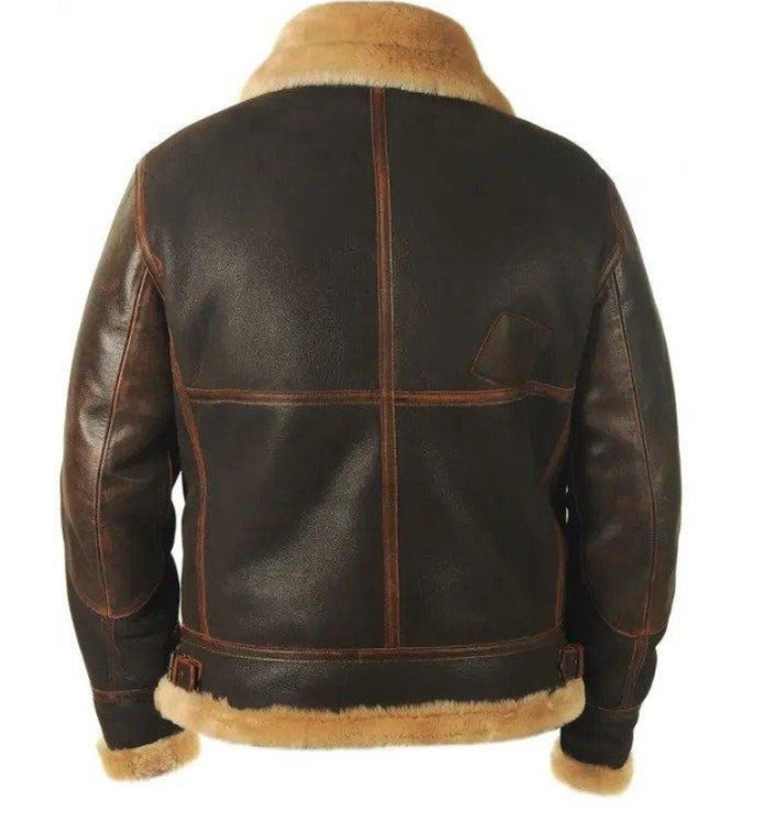 Aviator Leather Jacket  Shearling Collar Brown Bomber - Product example