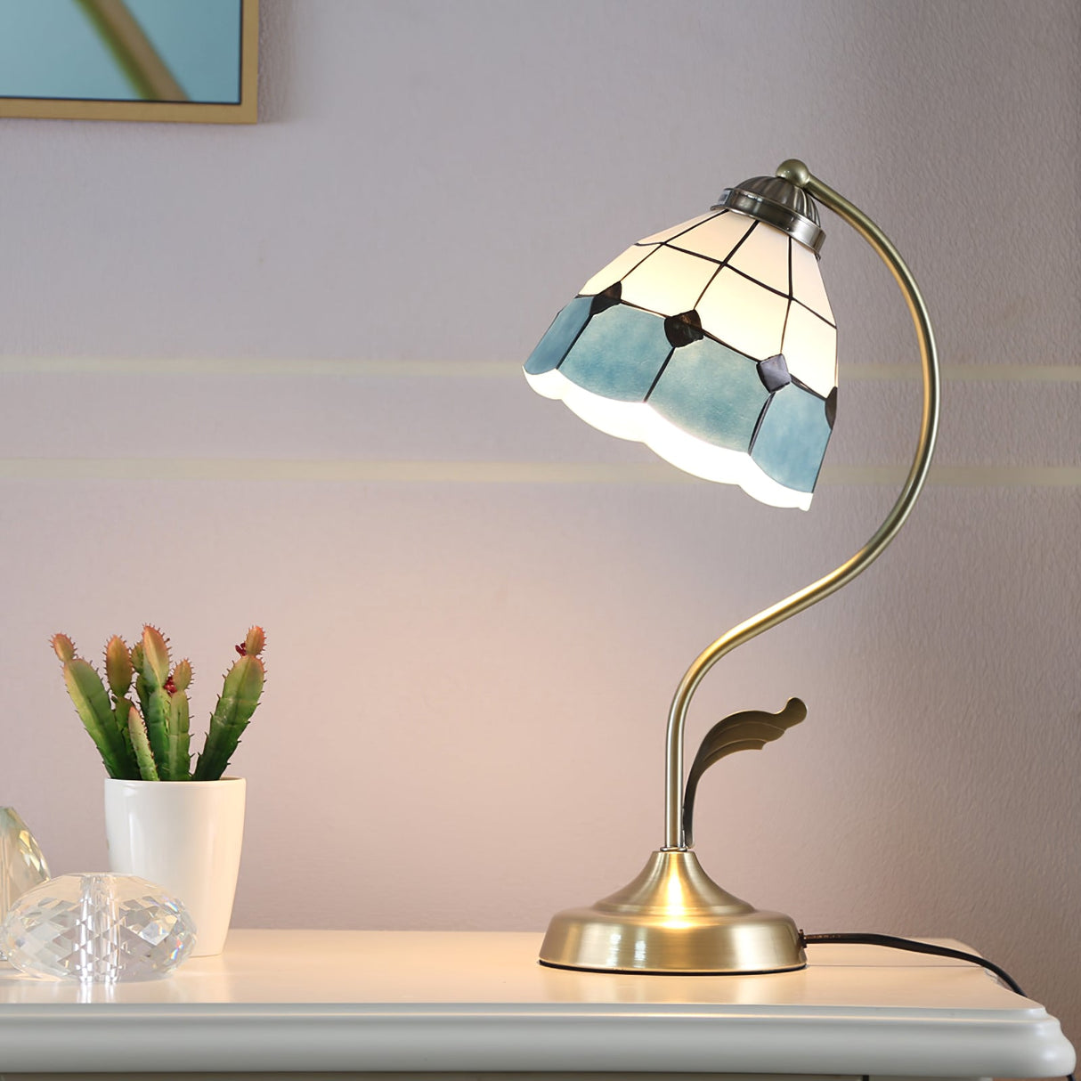 Tiffany Table Lamp  White Blue Glass Floral Shade - Detailed view