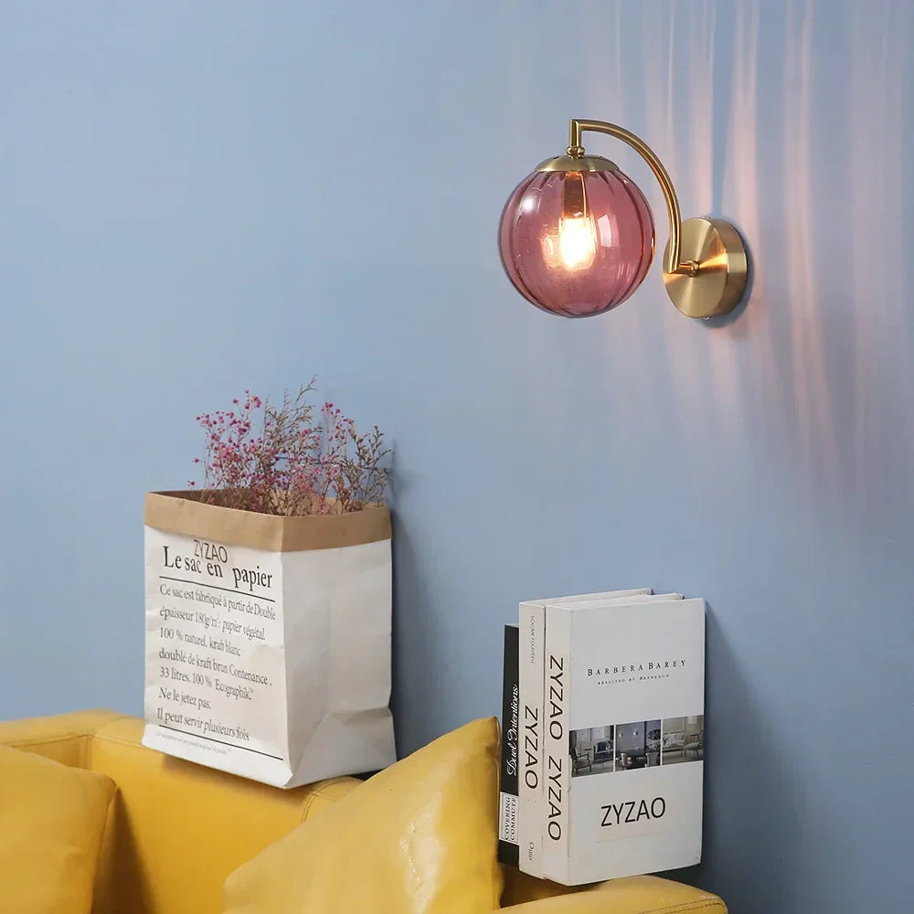 Modern Glass Wall Lamp  Pink Globe Brass Sconce - Product showcase
