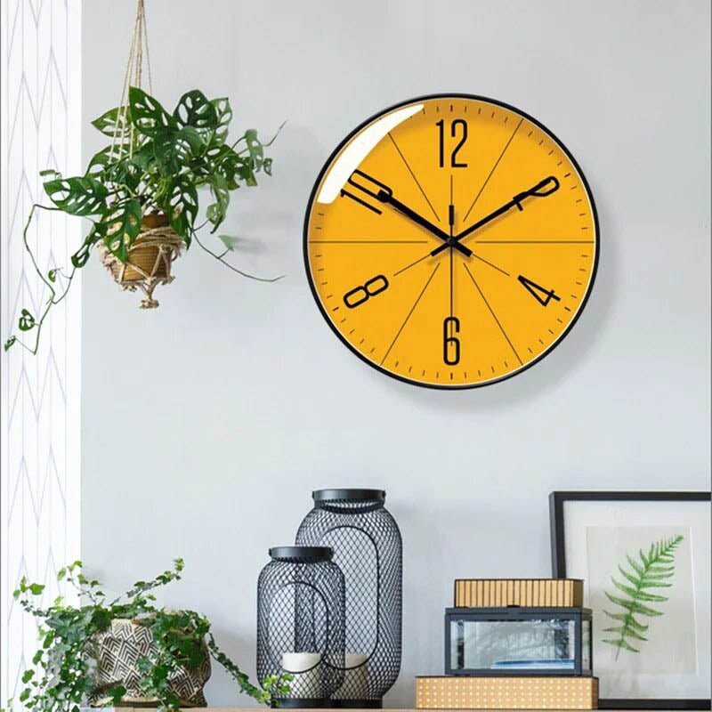 Modern Wall Clock  Yellow Face Black Frame Design - Detailed view