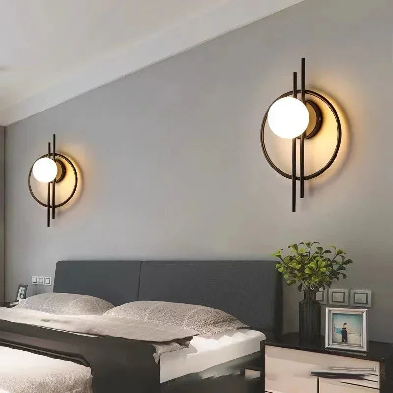 Modern Circle Wall Light  Black Metal Frame With Glass Globe - Detailed view