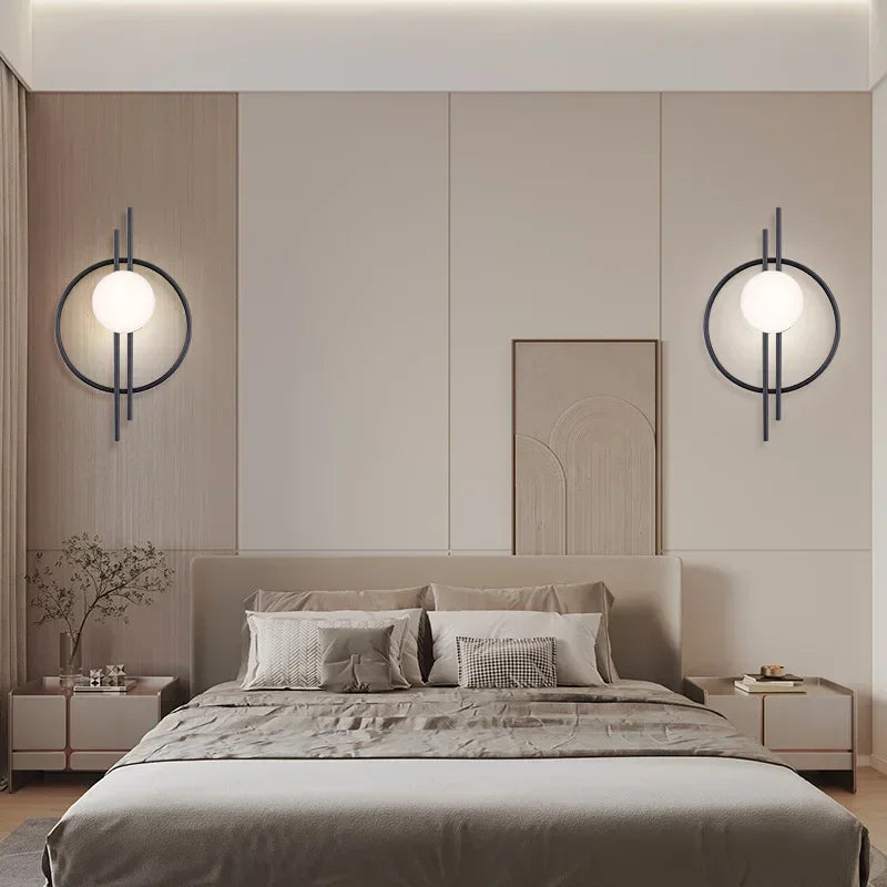 Modern Circle Wall Light  Black Metal Frame With Glass Globe - Product showcase