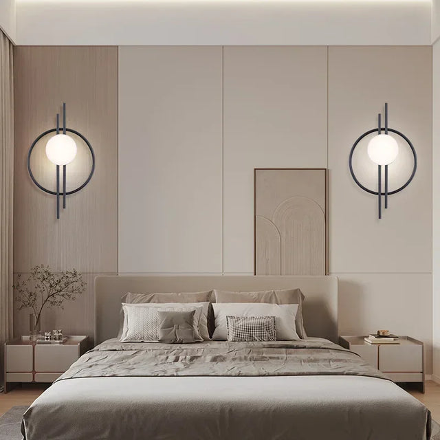 Modern Circle Wall Light  Black Metal Frame With Glass Globe - Product showcase