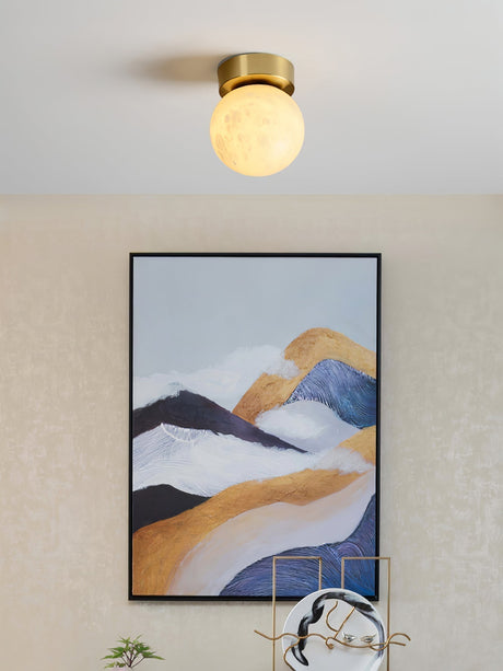 Modern Globe Ceiling Light  Alabaster Glass with Brass Trim - Product showcase